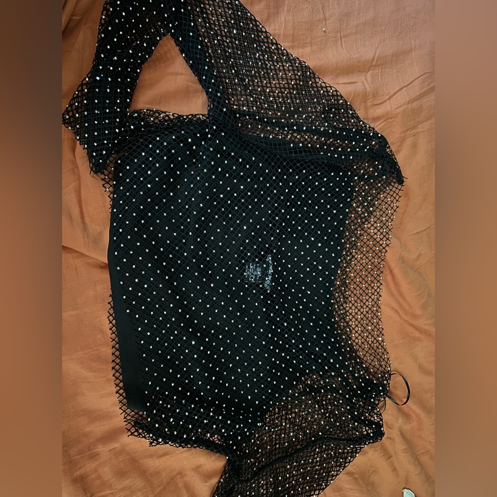 Black Mesh Rhinestone Overlay Top - Picture 2 of 4